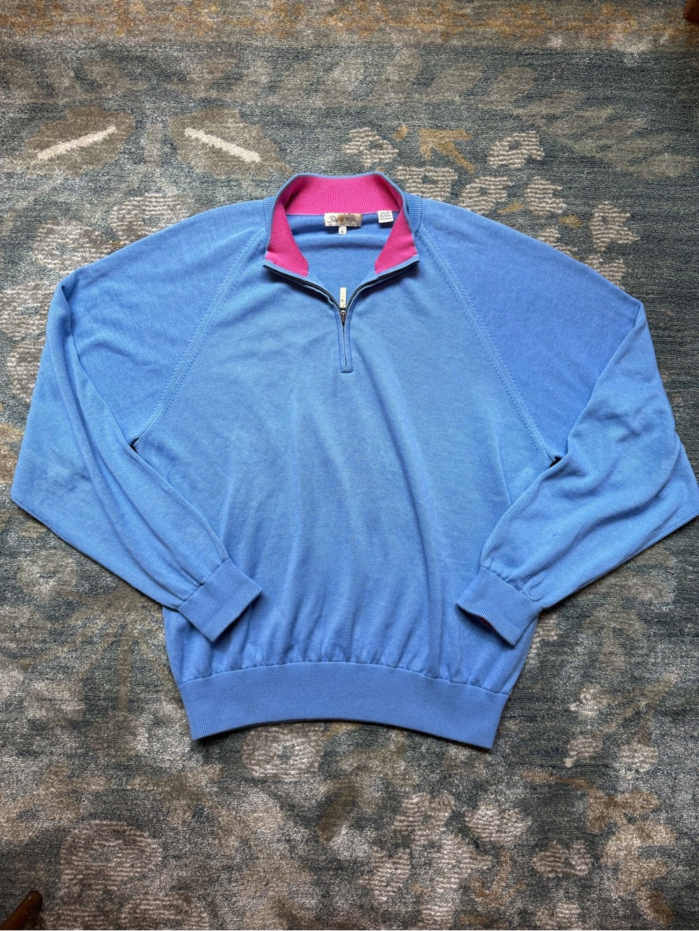 Peter Millar Blue Half-Zip Sweater with Pink Collar